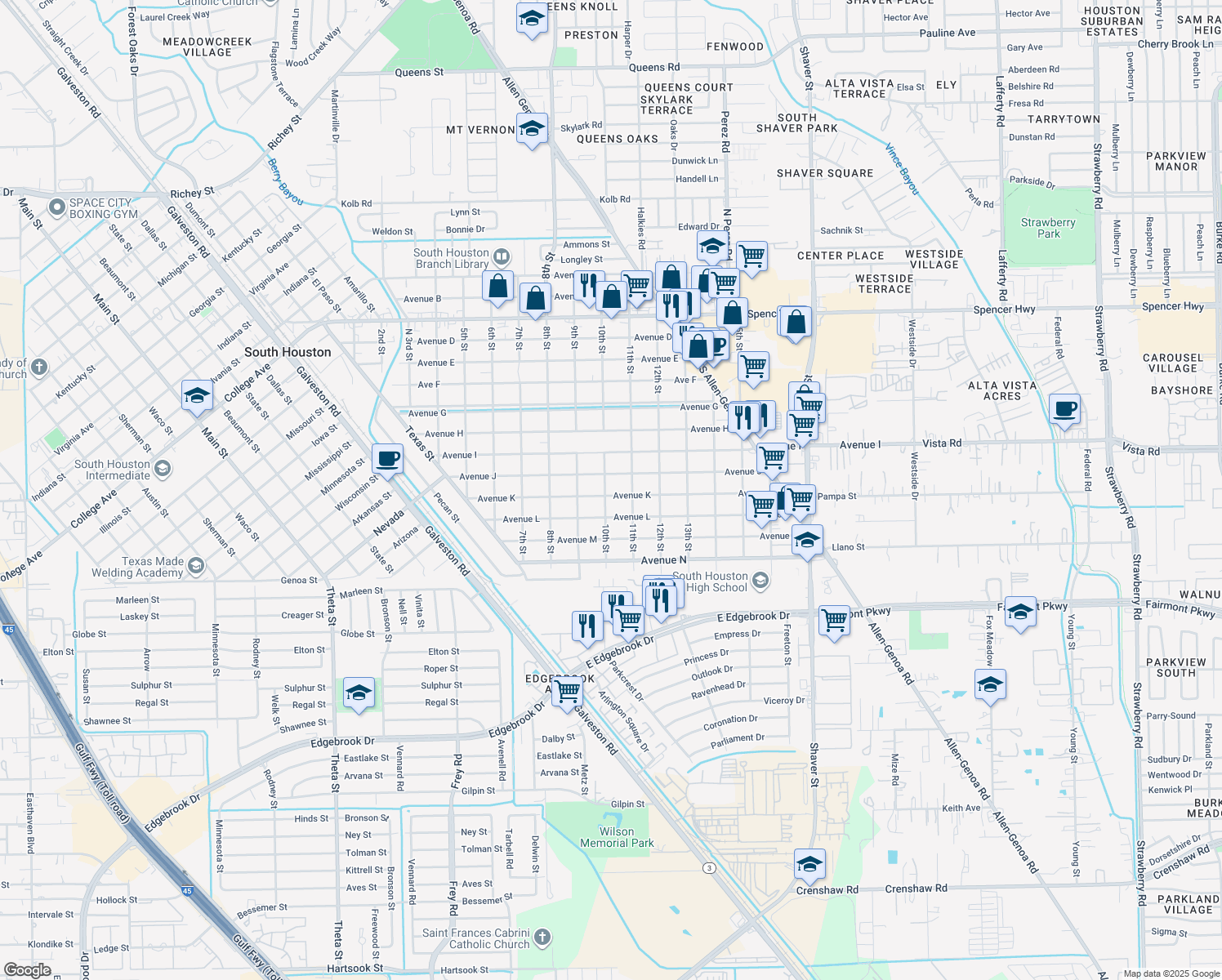 map of restaurants, bars, coffee shops, grocery stores, and more near 1003 Avenue K in South Houston