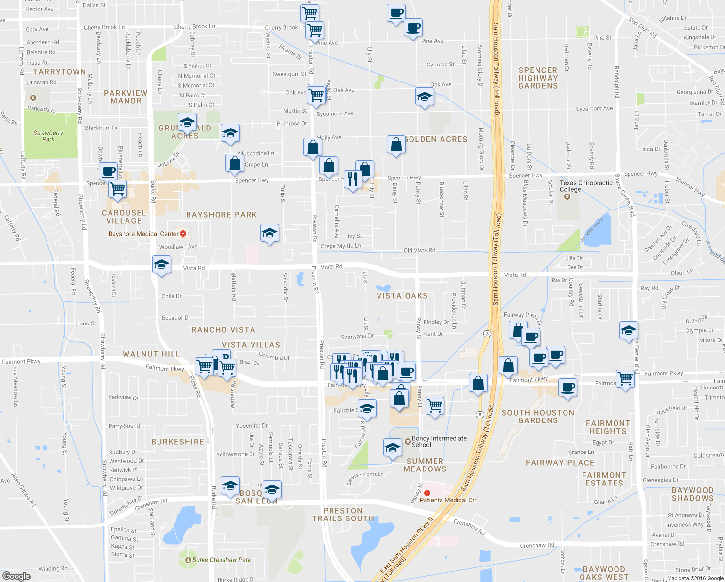 map of restaurants, bars, coffee shops, grocery stores, and more near 3606 Lily St in Pasadena