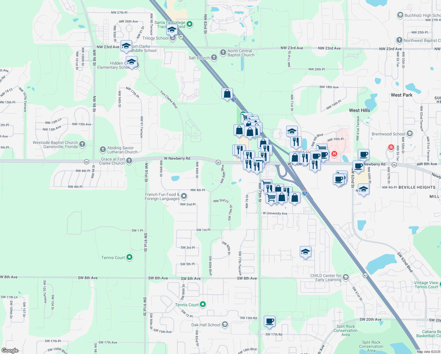 map of restaurants, bars, coffee shops, grocery stores, and more near 600 Northwest 80 Boulevard in Gainesville