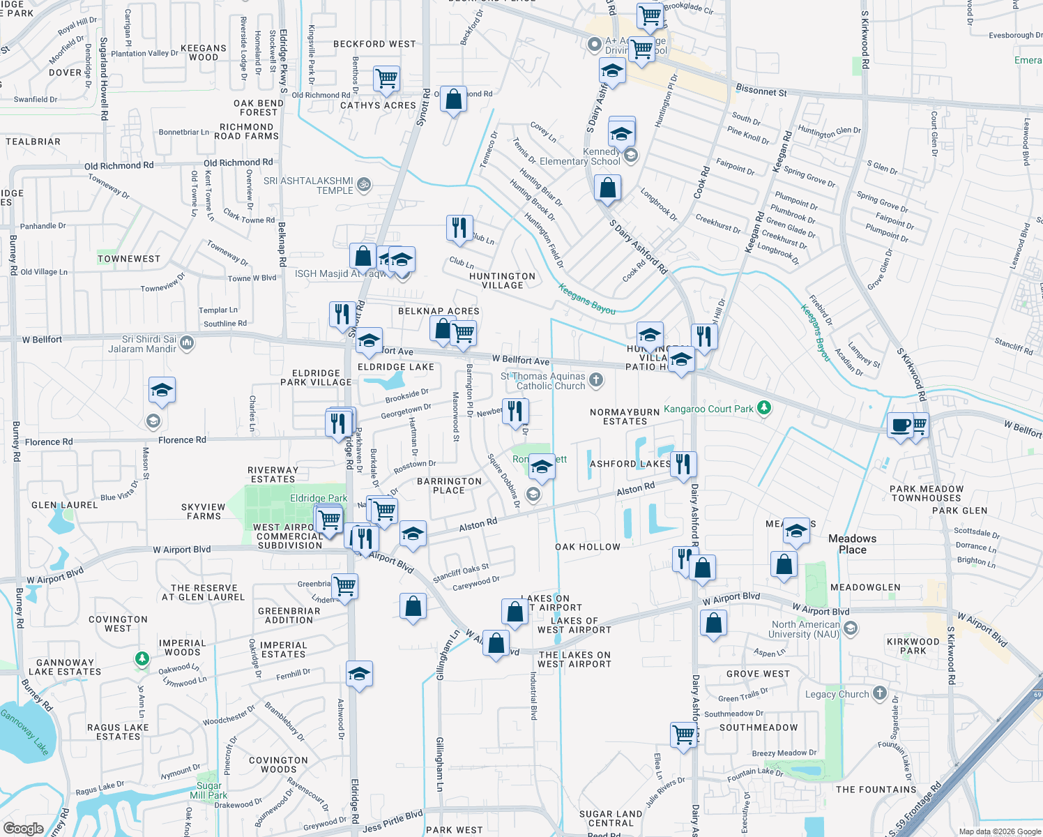 map of restaurants, bars, coffee shops, grocery stores, and more near 2407 Calumet Dr in Sugar Land