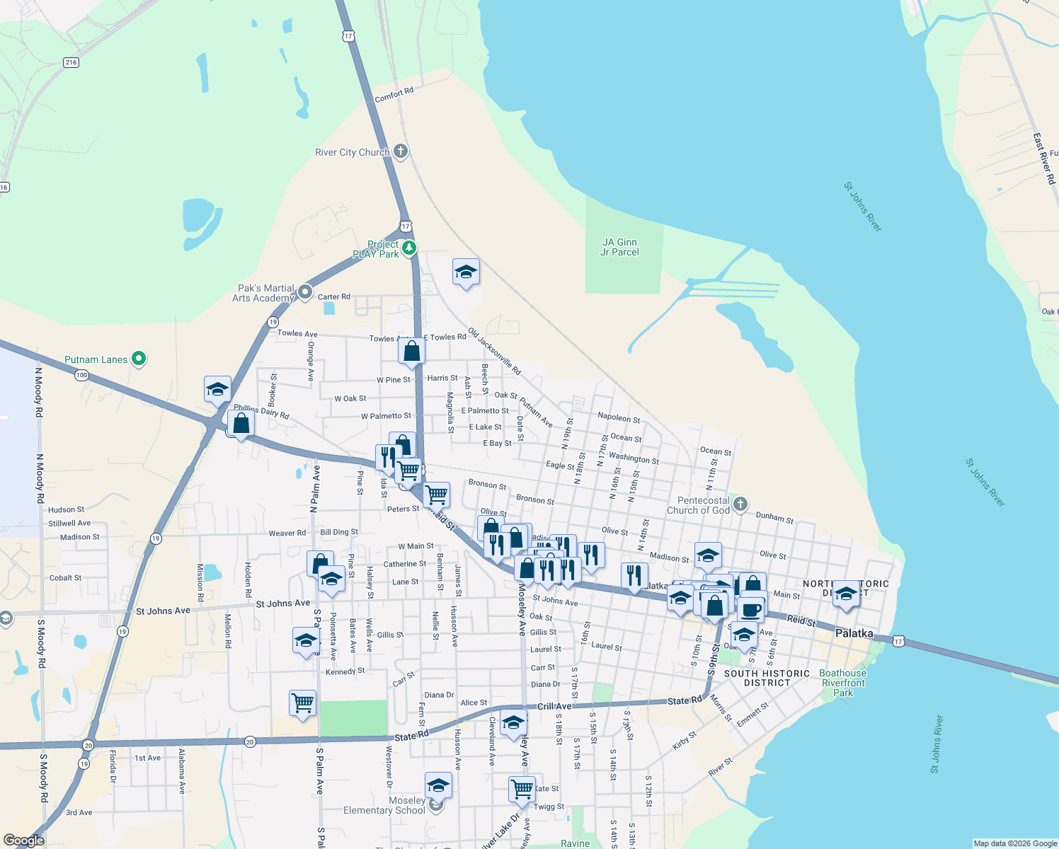 map of restaurants, bars, coffee shops, grocery stores, and more near 104 Southern Avenue in Palatka