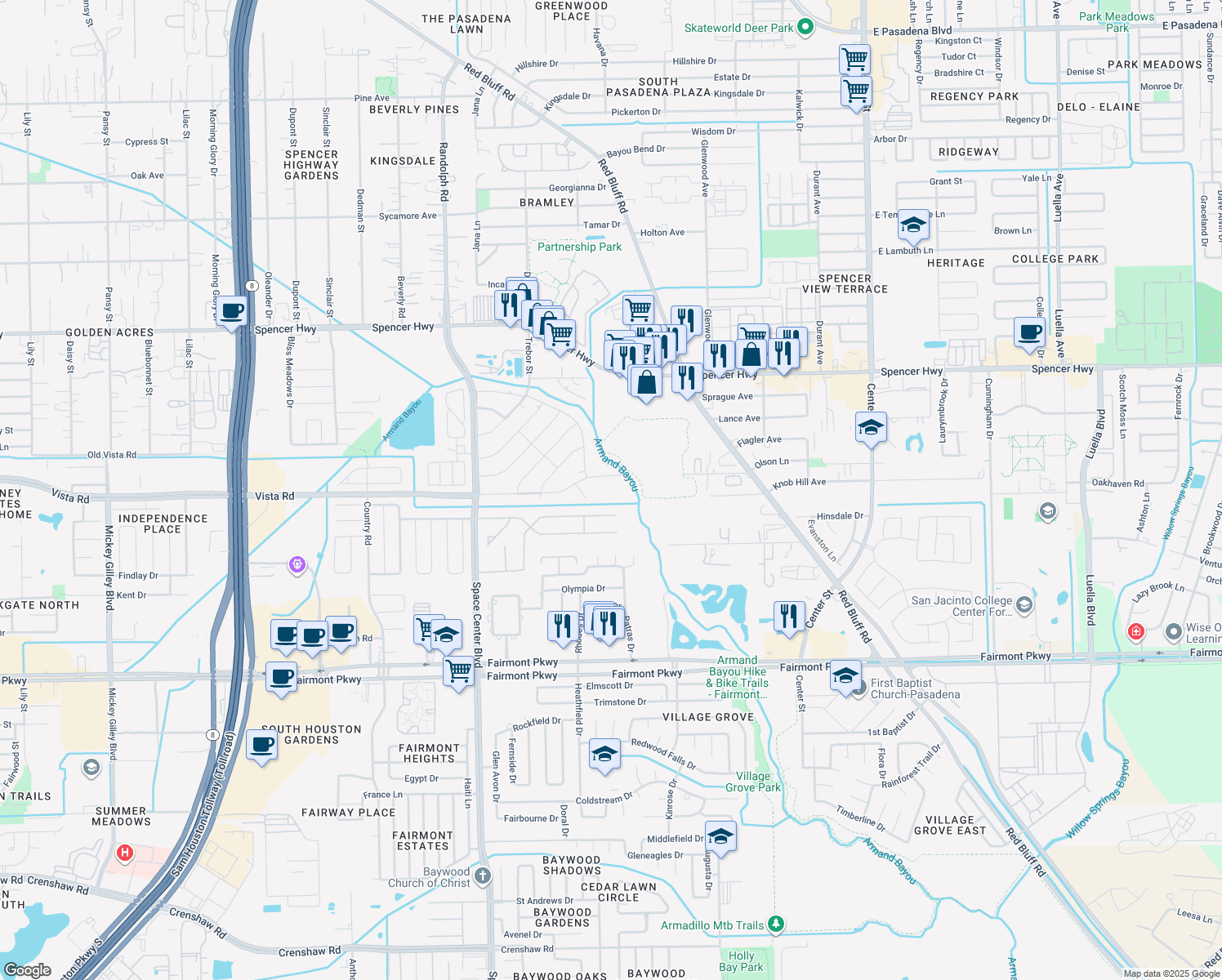 map of restaurants, bars, coffee shops, grocery stores, and more near 6712 Olson Ln in Pasadena