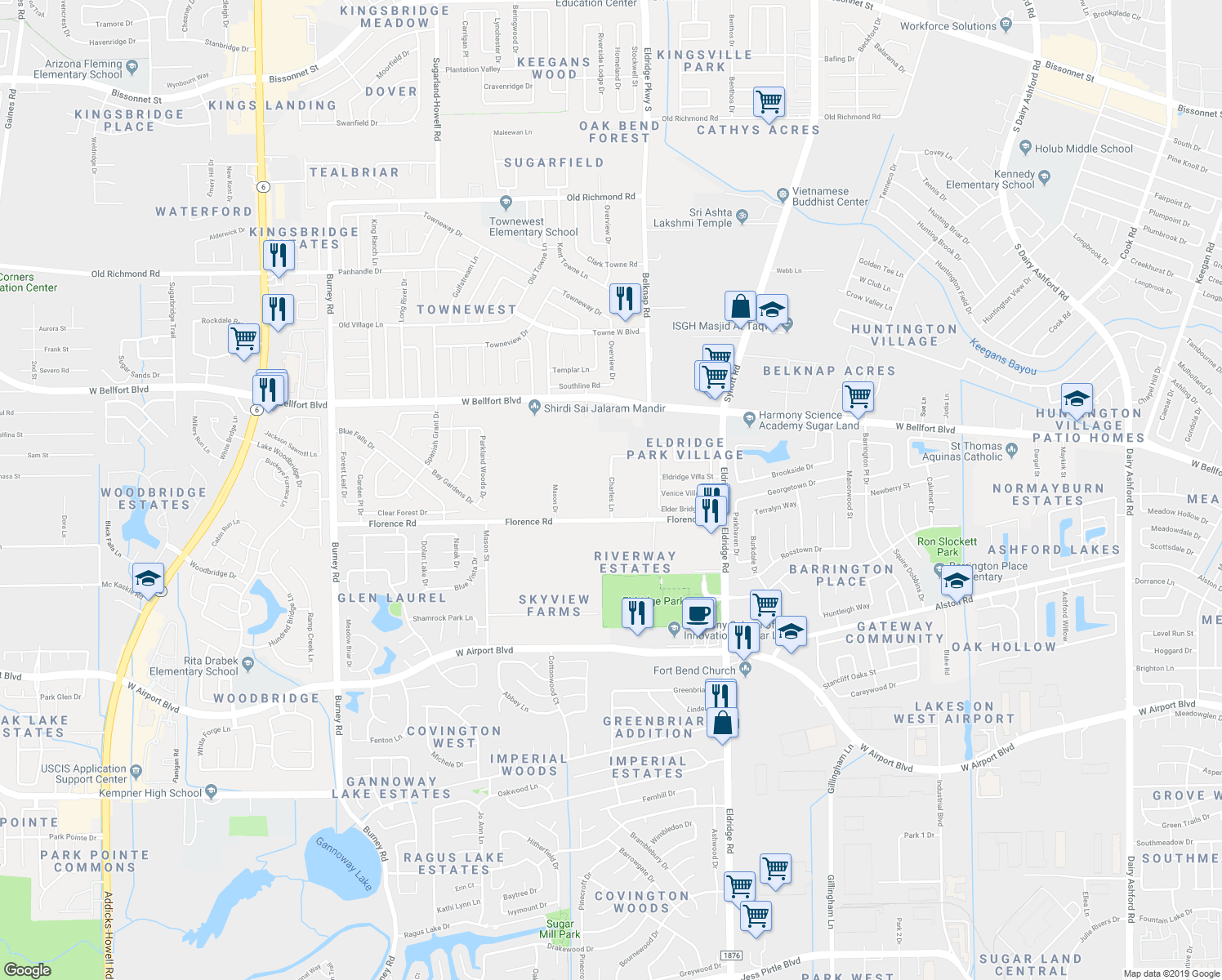 map of restaurants, bars, coffee shops, grocery stores, and more near 2738 Charles Ln in Sugar Land