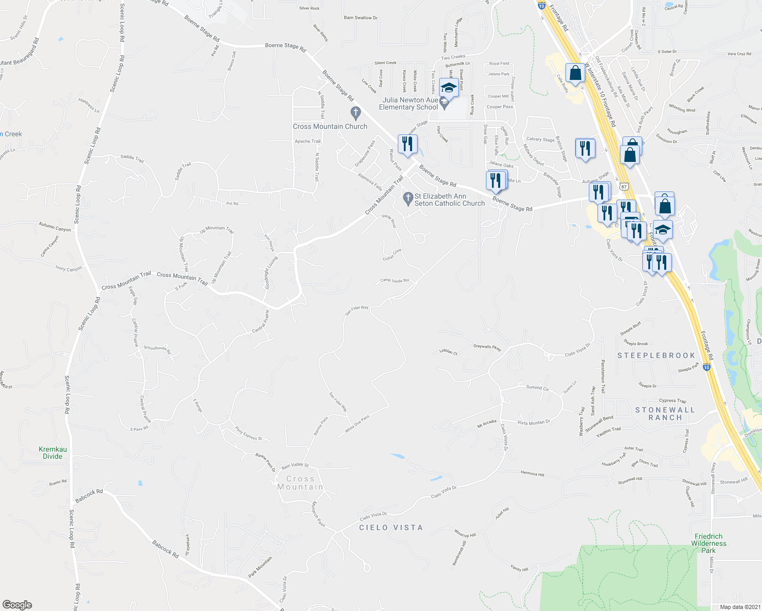 map of restaurants, bars, coffee shops, grocery stores, and more near San Fidel Way in San Antonio