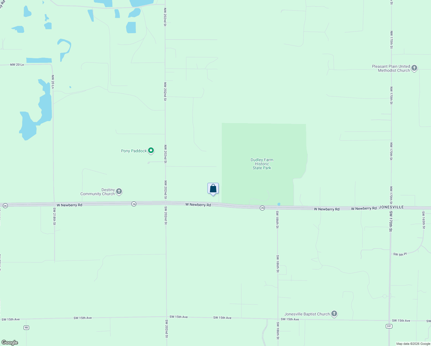 map of restaurants, bars, coffee shops, grocery stores, and more near 19601 Northwest 6 Avenue in Newberry