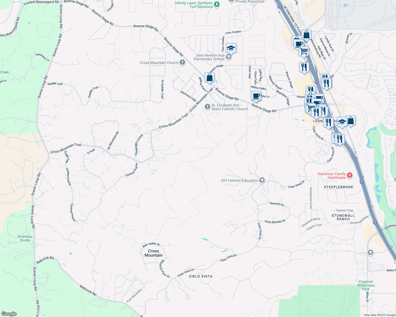 map of restaurants, bars, coffee shops, grocery stores, and more near 8603 San Fidel Way in San Antonio