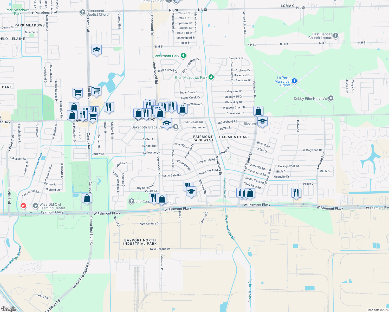 map of restaurants, bars, coffee shops, grocery stores, and more near 10023 Stonemont Road in La Porte