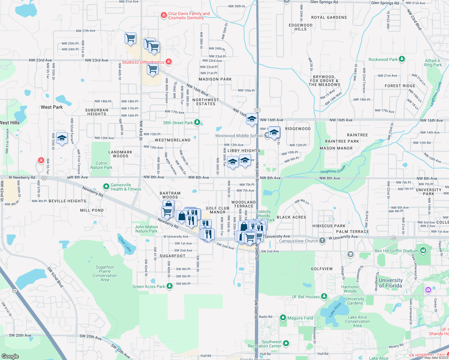 map of restaurants, bars, coffee shops, grocery stores, and more near 3627 Northwest 8th Avenue in Gainesville