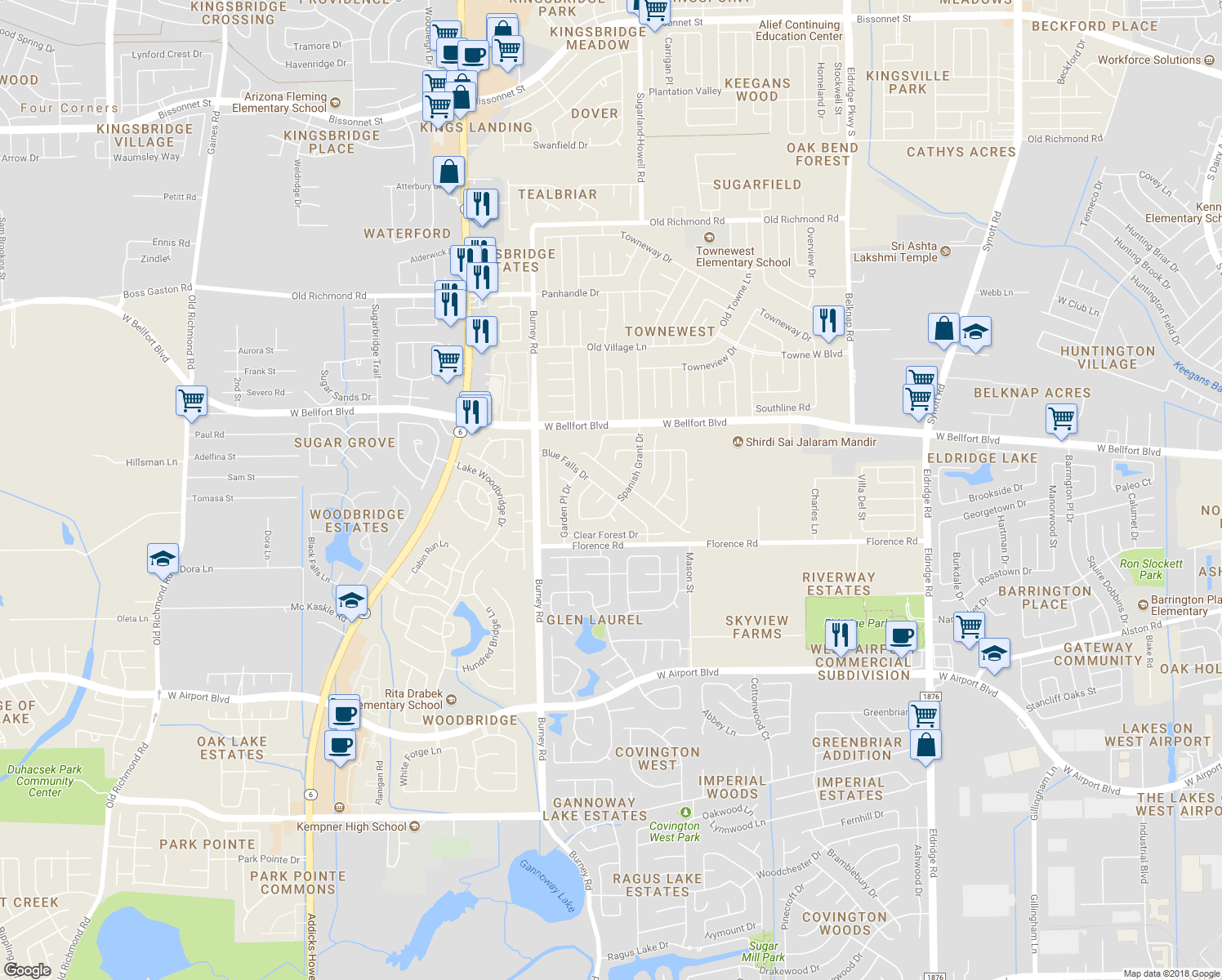 map of restaurants, bars, coffee shops, grocery stores, and more near 14114 Blue Falls Drive in Sugar Land