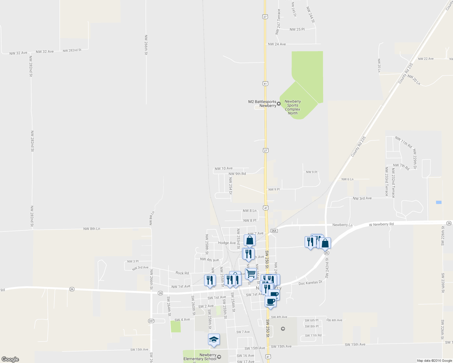 map of restaurants, bars, coffee shops, grocery stores, and more near 945 Northwest 255 Way in Newberry