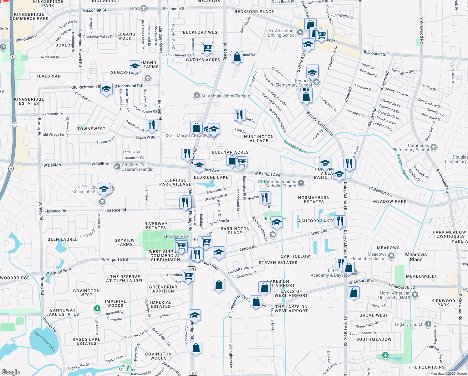 map of restaurants, bars, coffee shops, grocery stores, and more near 2602 Long Leaf Drive in Sugar Land