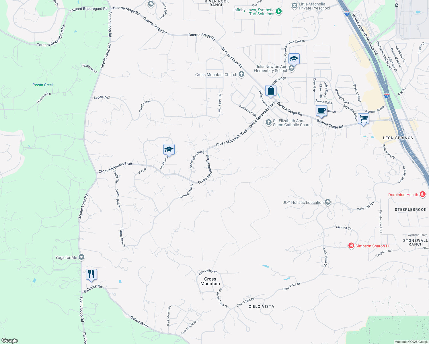 map of restaurants, bars, coffee shops, grocery stores, and more near 8816 Cross Mountain Trail in San Antonio