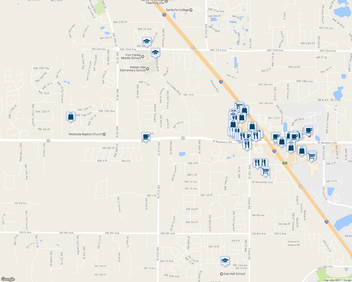 map of restaurants, bars, coffee shops, grocery stores, and more near 8801 West Newberry Road in Gainesville