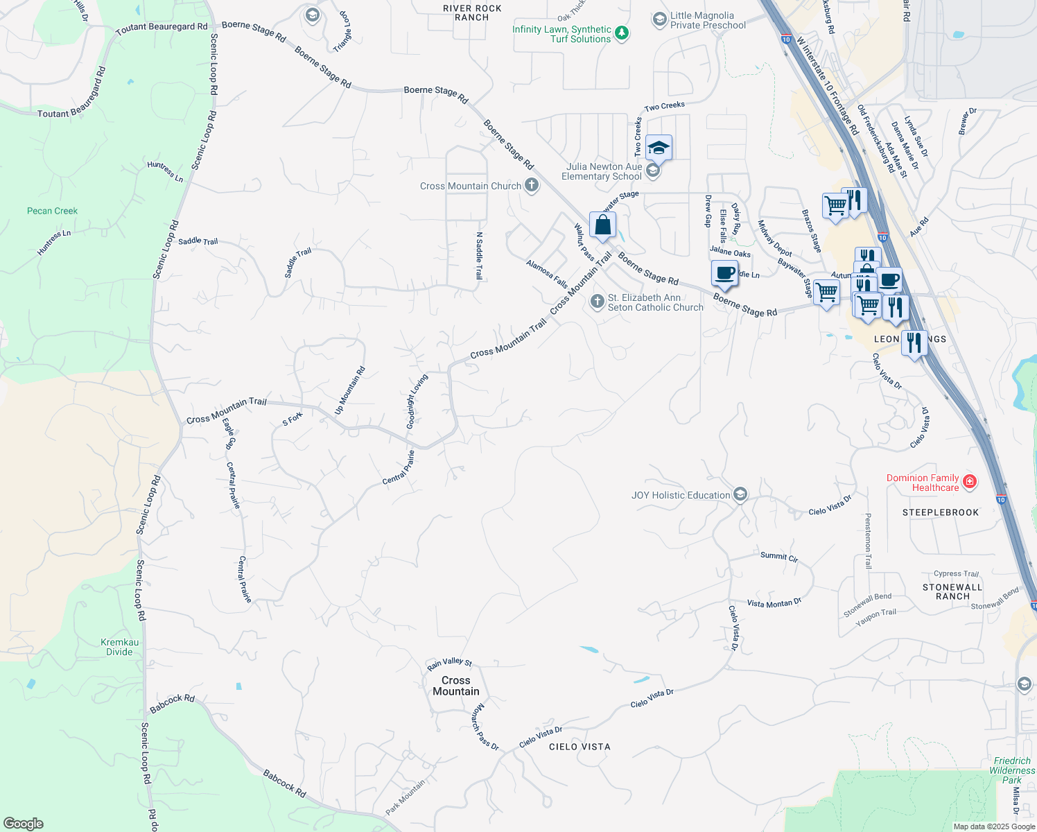 map of restaurants, bars, coffee shops, grocery stores, and more near 8603 San Fidel Way in San Antonio