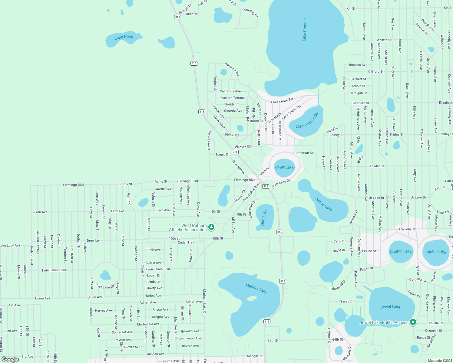 map of restaurants, bars, coffee shops, grocery stores, and more near 217 Flamingo Boulevard in Interlachen