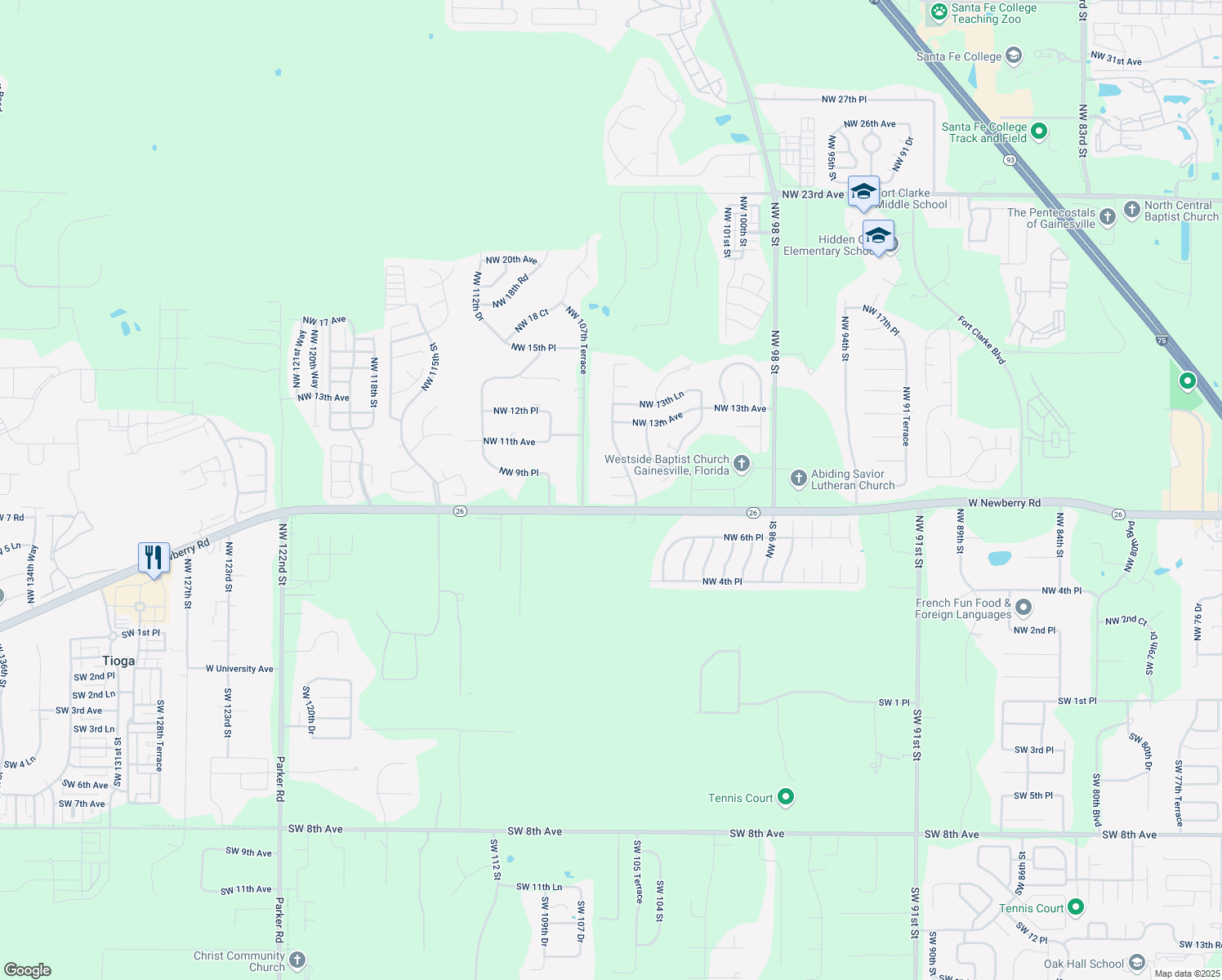 map of restaurants, bars, coffee shops, grocery stores, and more near 10648 Northwest 9 Avenue in Gainesville