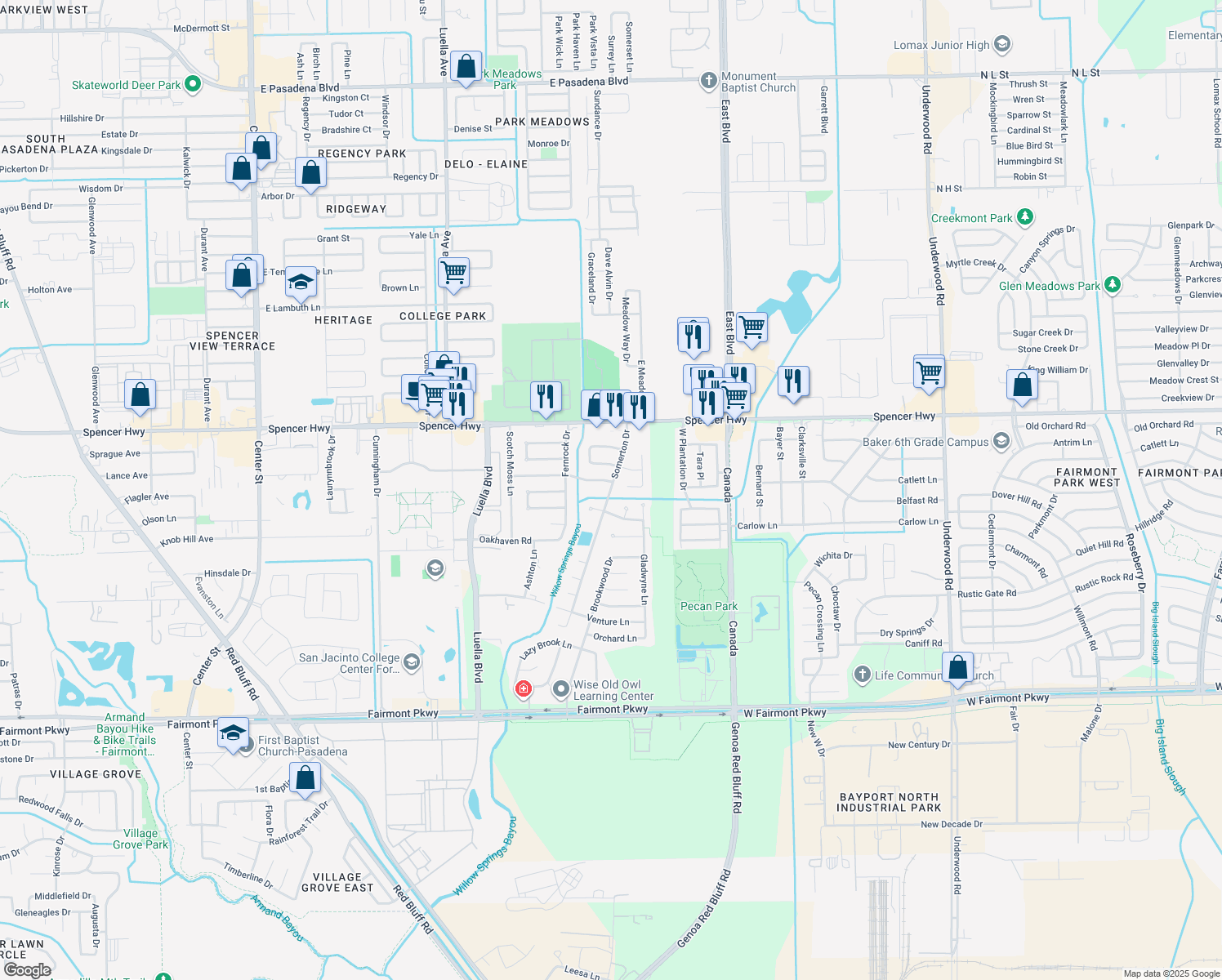 map of restaurants, bars, coffee shops, grocery stores, and more near 3226 Somerton Dr in La Porte