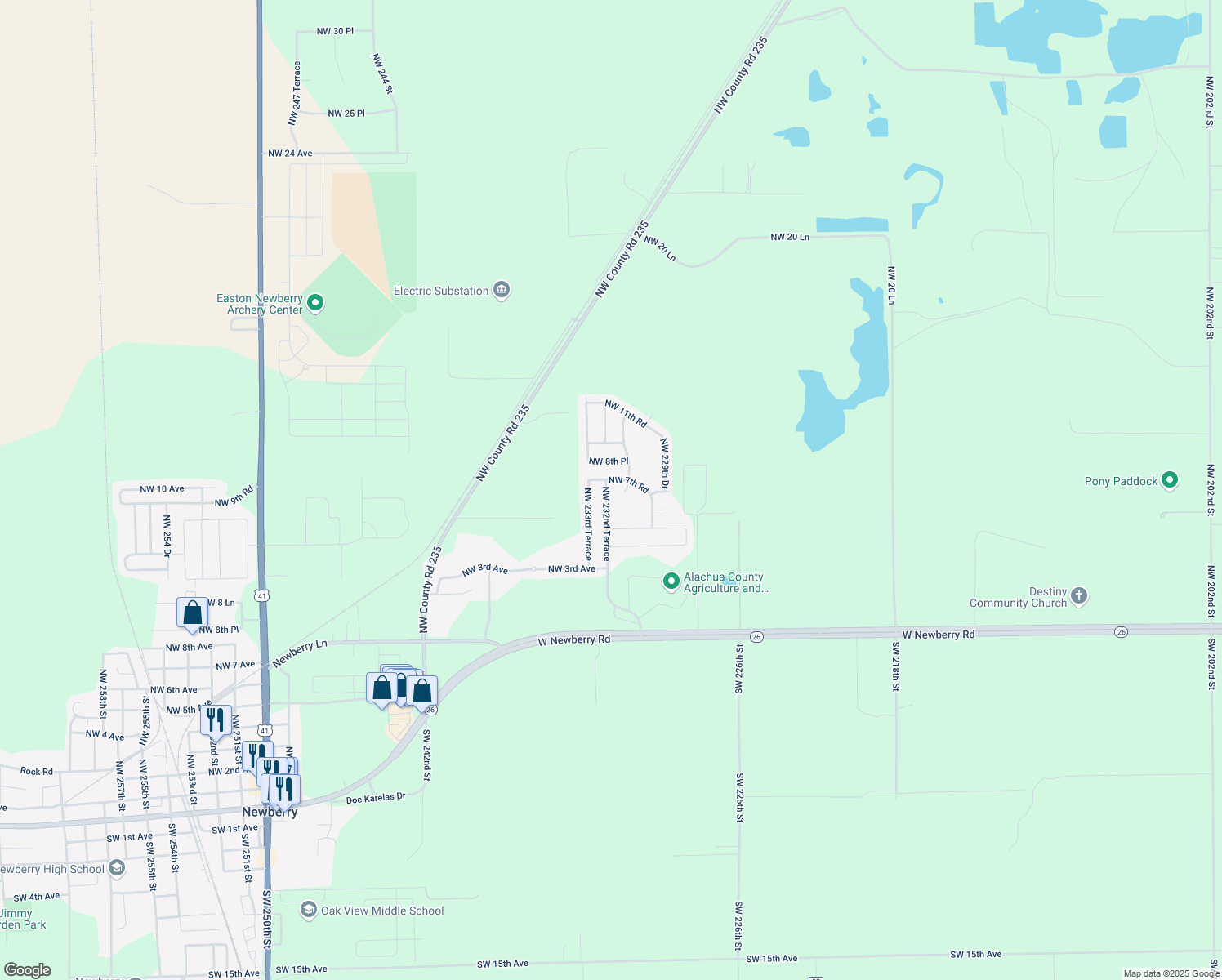 map of restaurants, bars, coffee shops, grocery stores, and more near 711 Northwest 232nd Terrace in Newberry