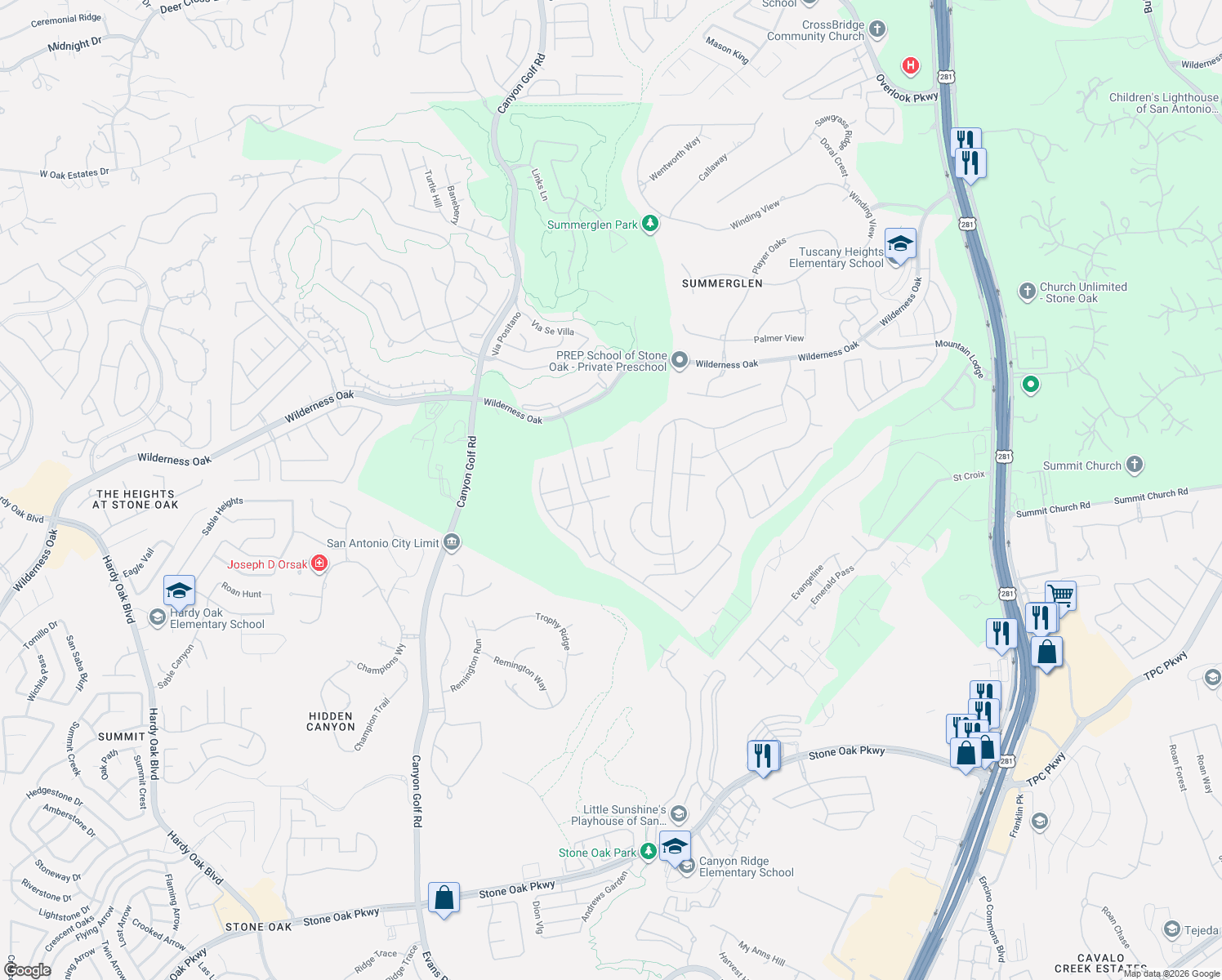 map of restaurants, bars, coffee shops, grocery stores, and more near 1330 Desert Links in San Antonio