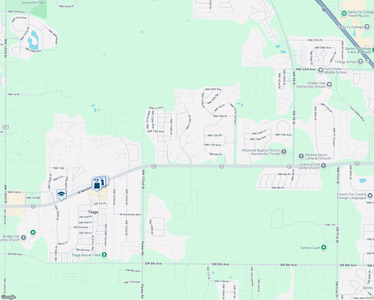 map of restaurants, bars, coffee shops, grocery stores, and more near 11445 Northwest 10th Lane in Gainesville