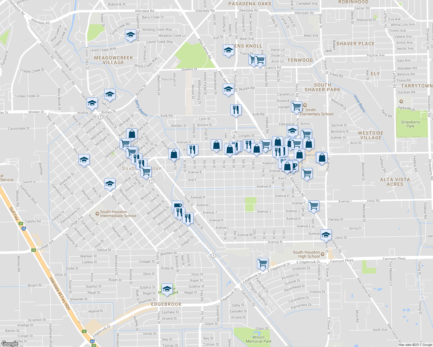 map of restaurants, bars, coffee shops, grocery stores, and more near 604 Avenue East in South Houston