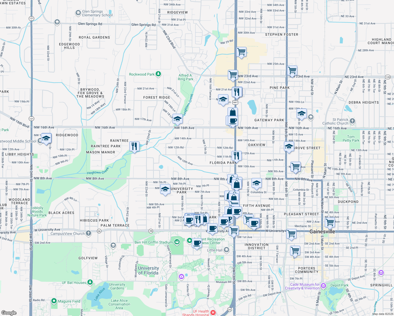 map of restaurants, bars, coffee shops, grocery stores, and more near 1739 Northwest 11th Road in Gainesville