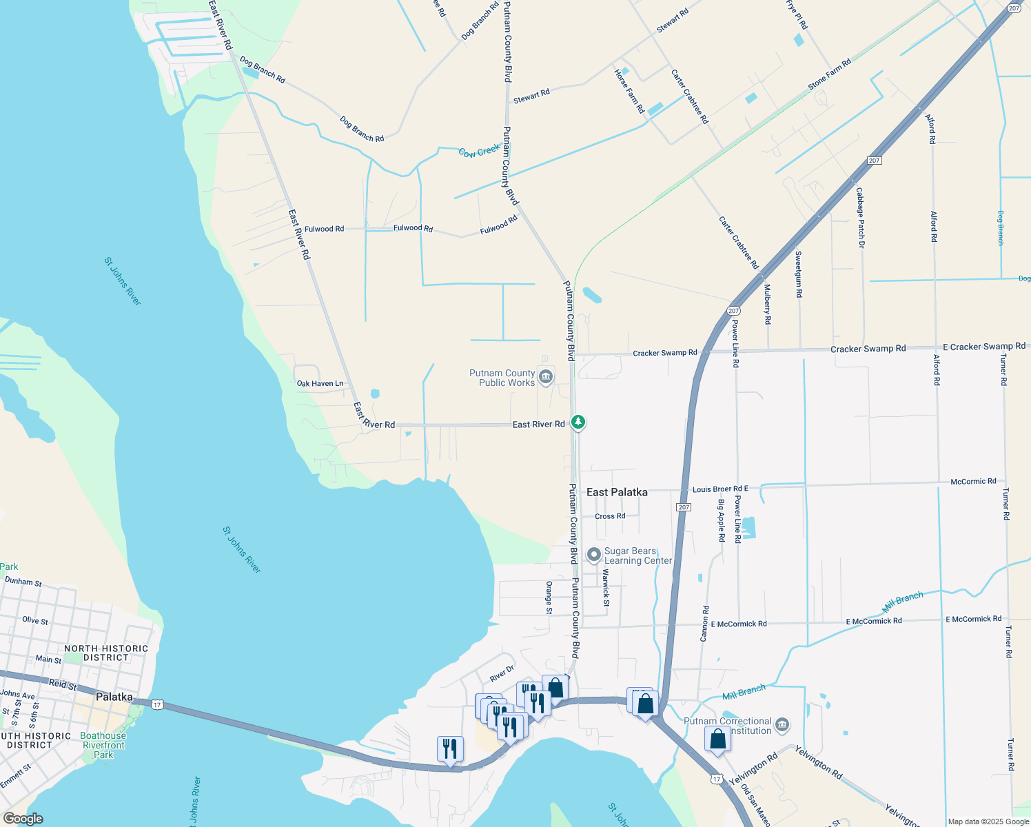 map of restaurants, bars, coffee shops, grocery stores, and more near 102 Cantrell Lane in East Palatka
