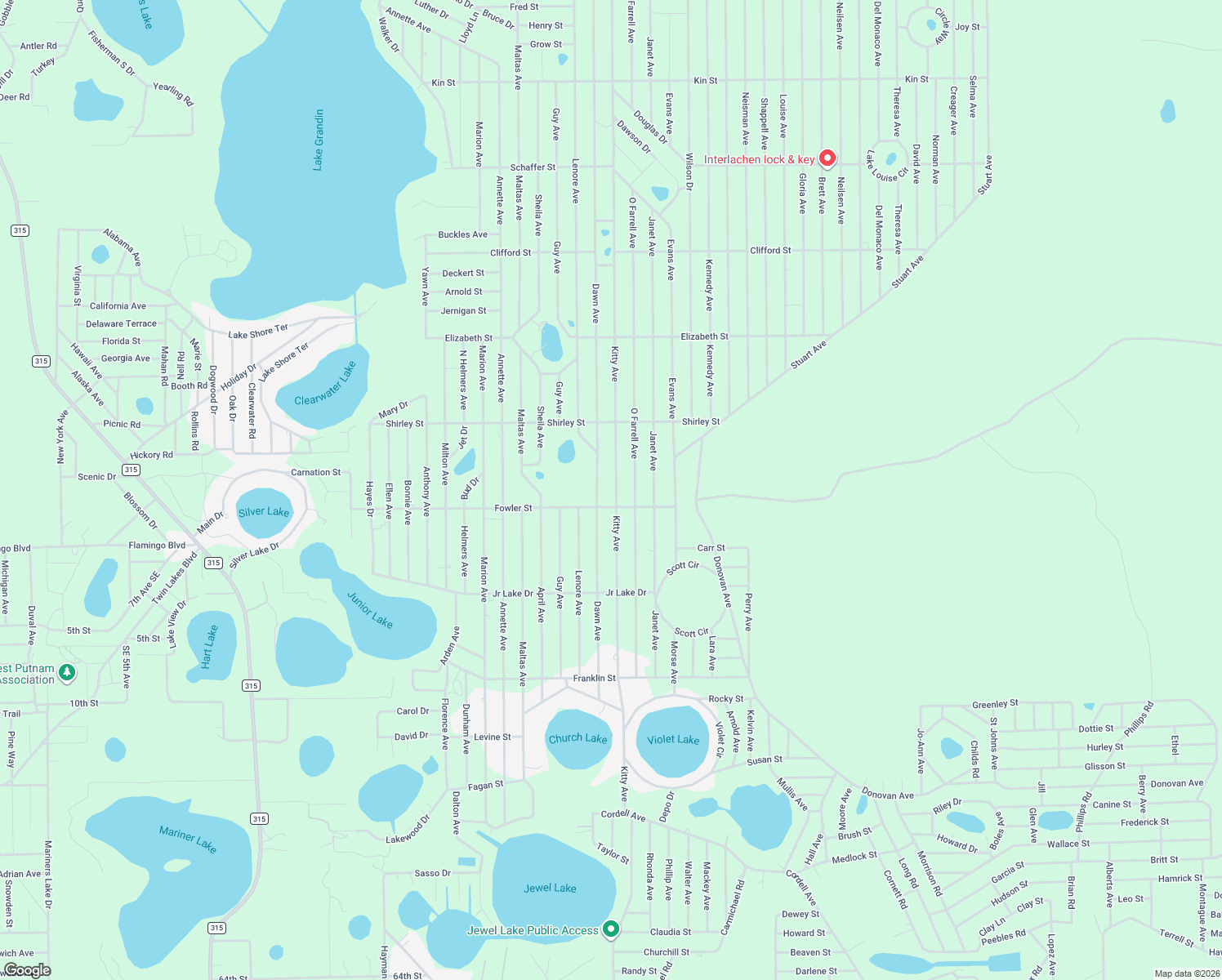 map of restaurants, bars, coffee shops, grocery stores, and more near 507 Kitty Avenue in Interlachen