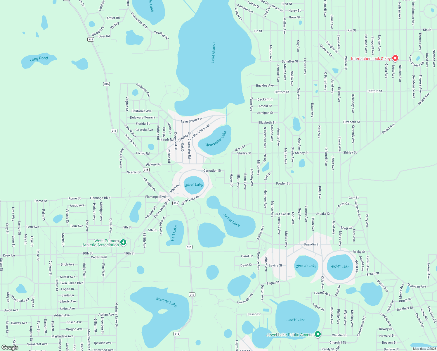 map of restaurants, bars, coffee shops, grocery stores, and more near 106 Pansy Street in Interlachen