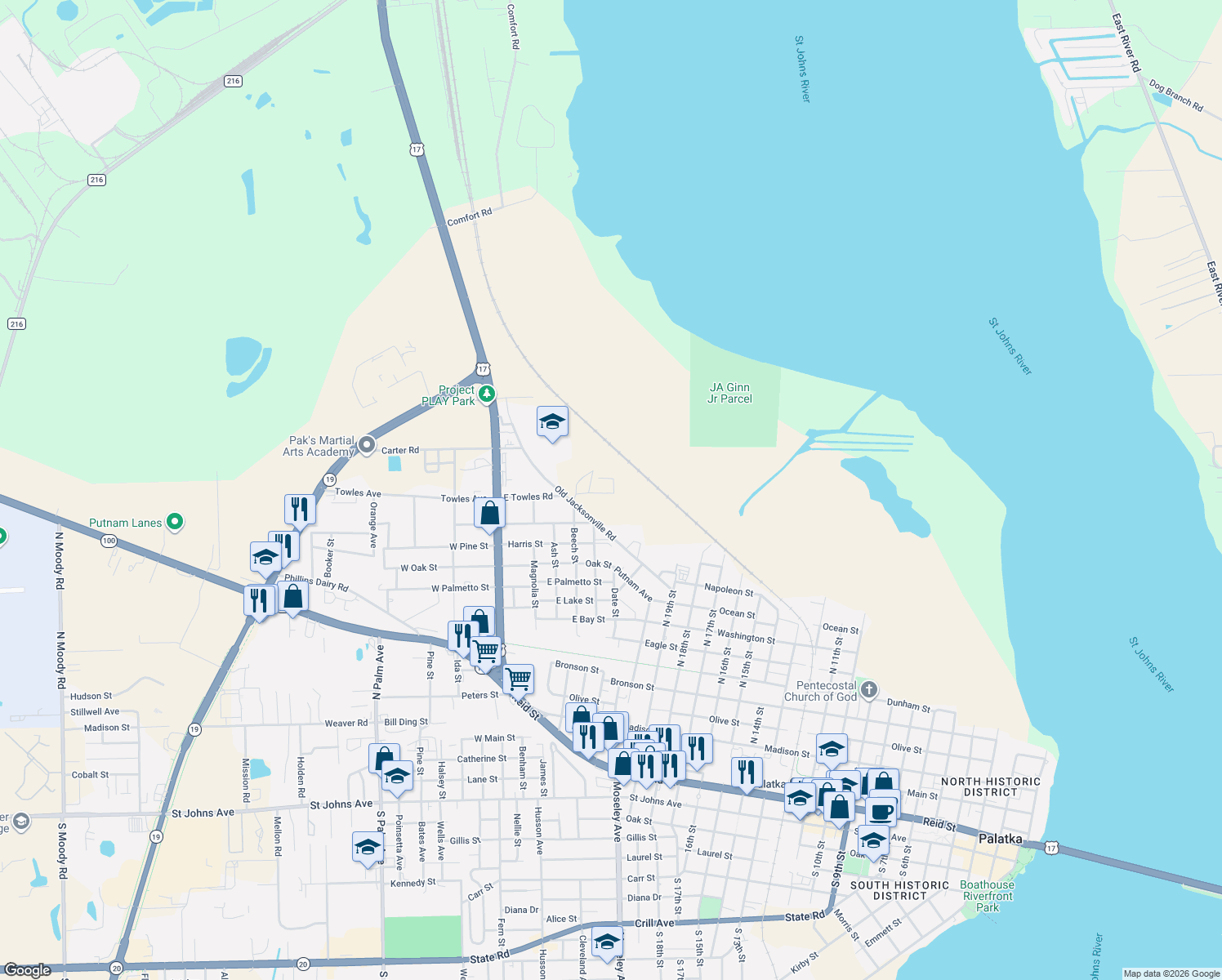 map of restaurants, bars, coffee shops, grocery stores, and more near 133 North Beech Street in Palatka