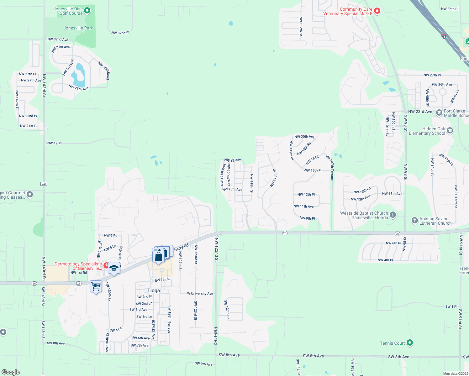 map of restaurants, bars, coffee shops, grocery stores, and more near 1348 Northwest 120th Terrace in Gainesville