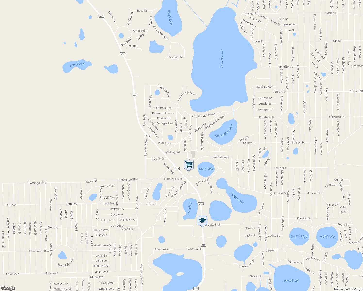 map of restaurants, bars, coffee shops, grocery stores, and more near 108 Miller Road in Interlachen