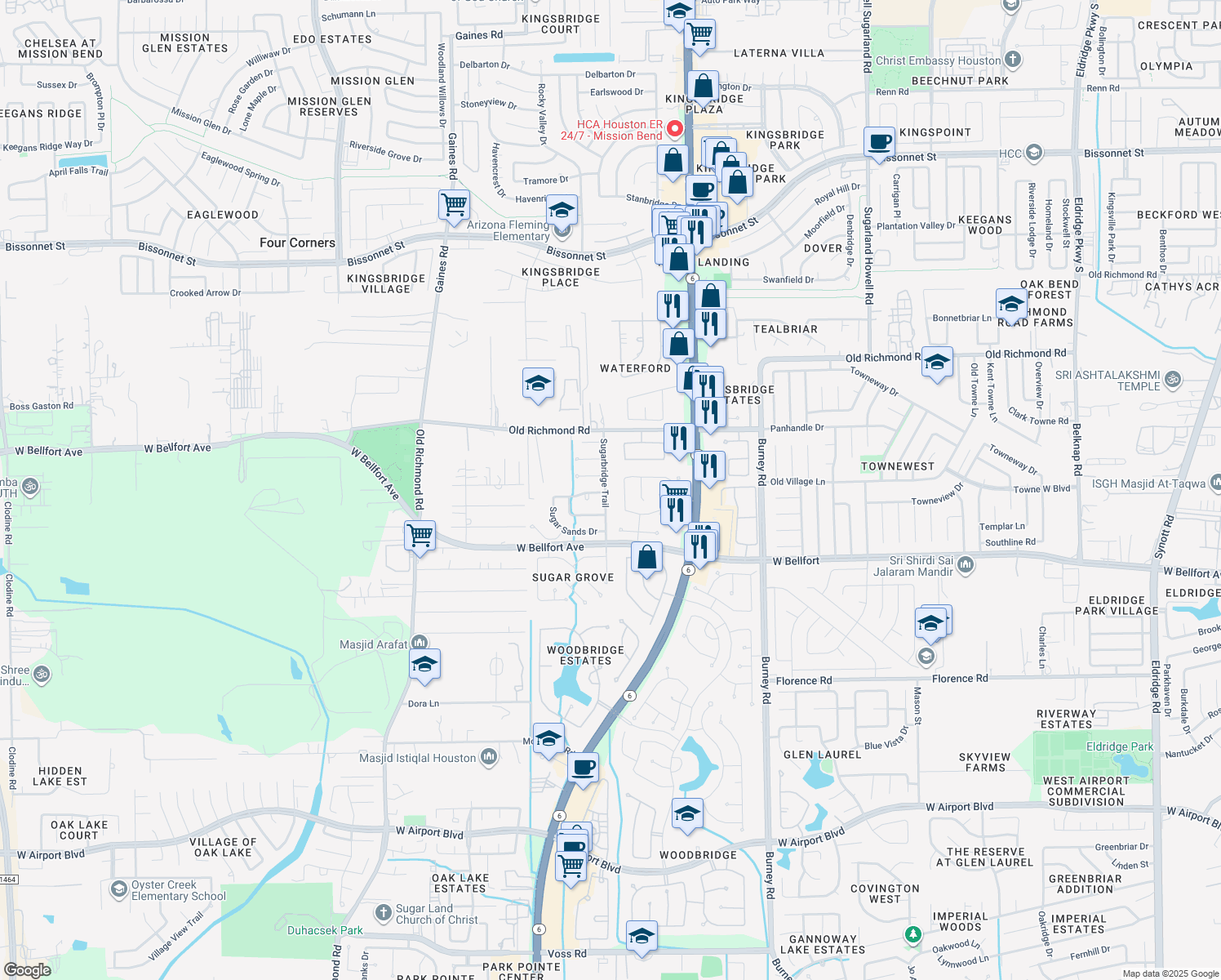 map of restaurants, bars, coffee shops, grocery stores, and more near 10247 Sugarbridge Trail in Sugar Land