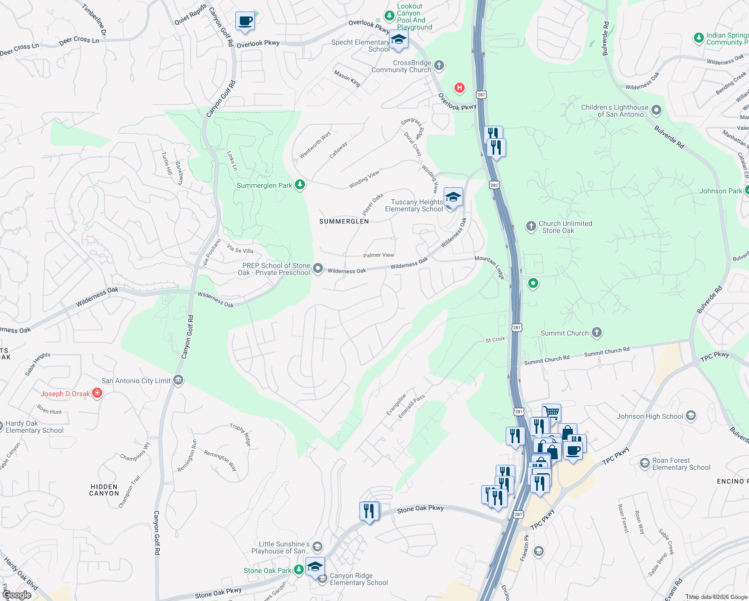 map of restaurants, bars, coffee shops, grocery stores, and more near 1774 Heavens Peak in San Antonio