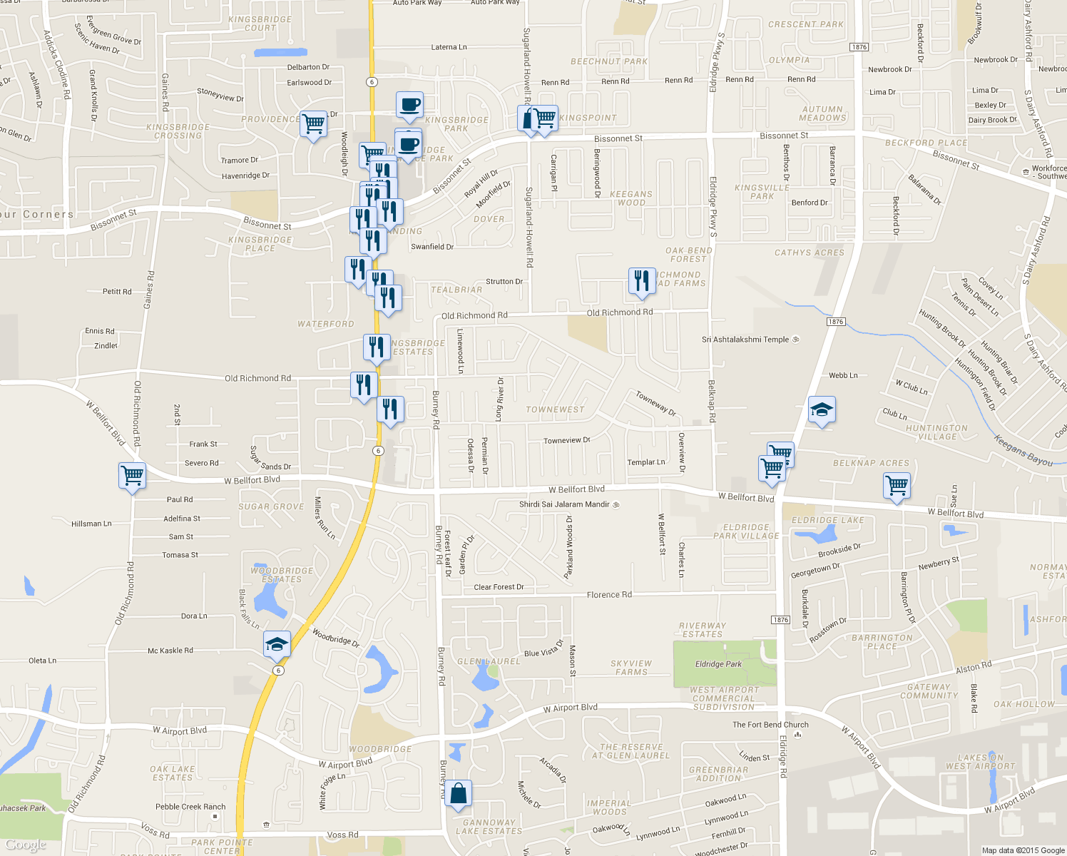 map of restaurants, bars, coffee shops, grocery stores, and more near 14043 Old Village Lane in Sugar Land