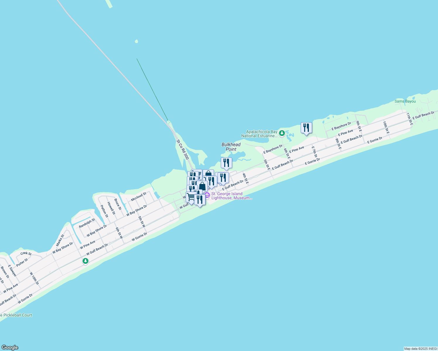 map of restaurants, bars, coffee shops, grocery stores, and more near 163 Gunn Street in Saint George Island