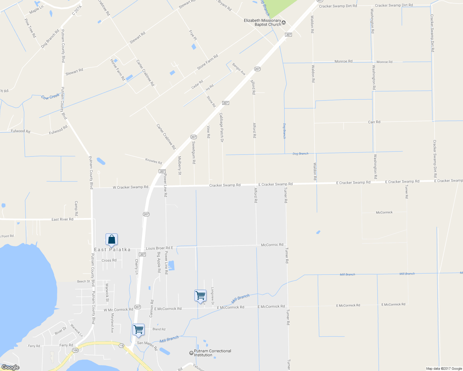 map of restaurants, bars, coffee shops, grocery stores, and more near 181 Cracker Swamp Road in East Palatka