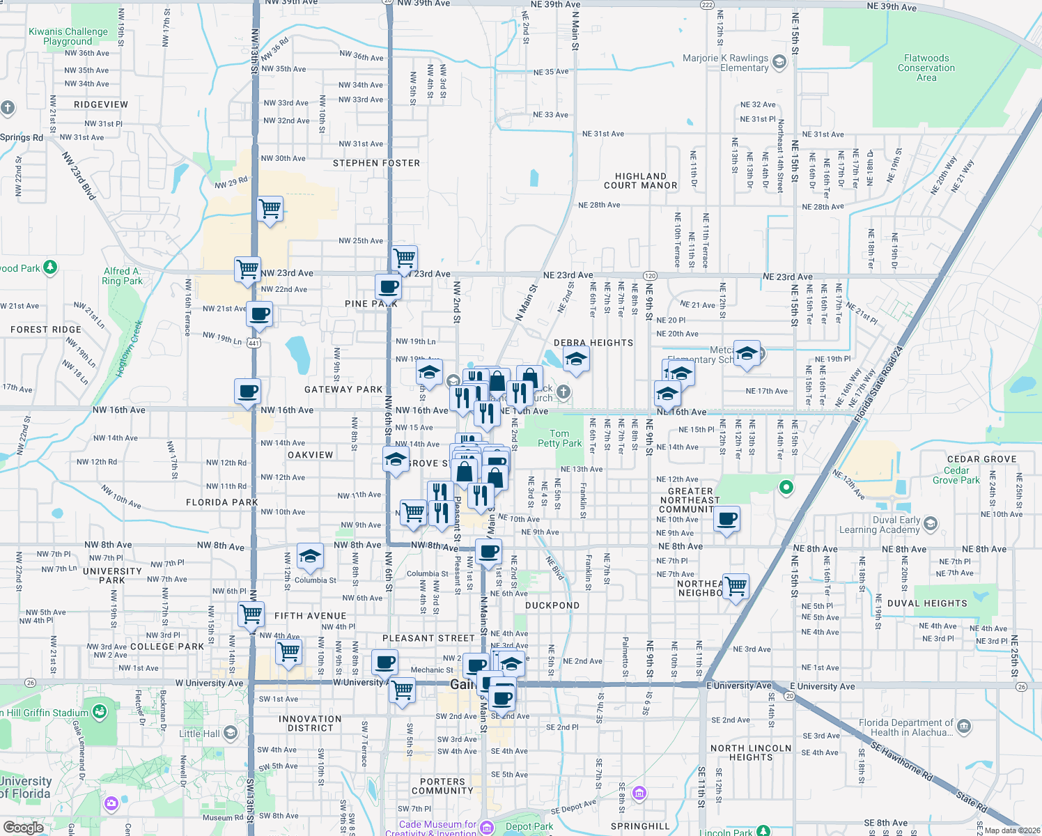 map of restaurants, bars, coffee shops, grocery stores, and more near 1509 Northeast 2nd Street in Gainesville