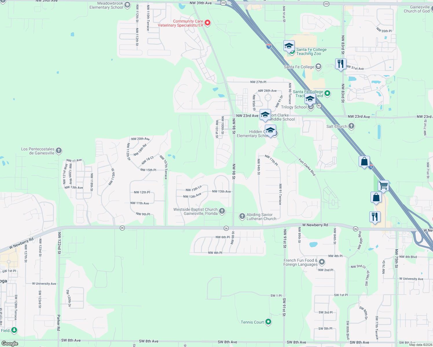 map of restaurants, bars, coffee shops, grocery stores, and more near 1430 Northwest 100th Terrace in Gainesville