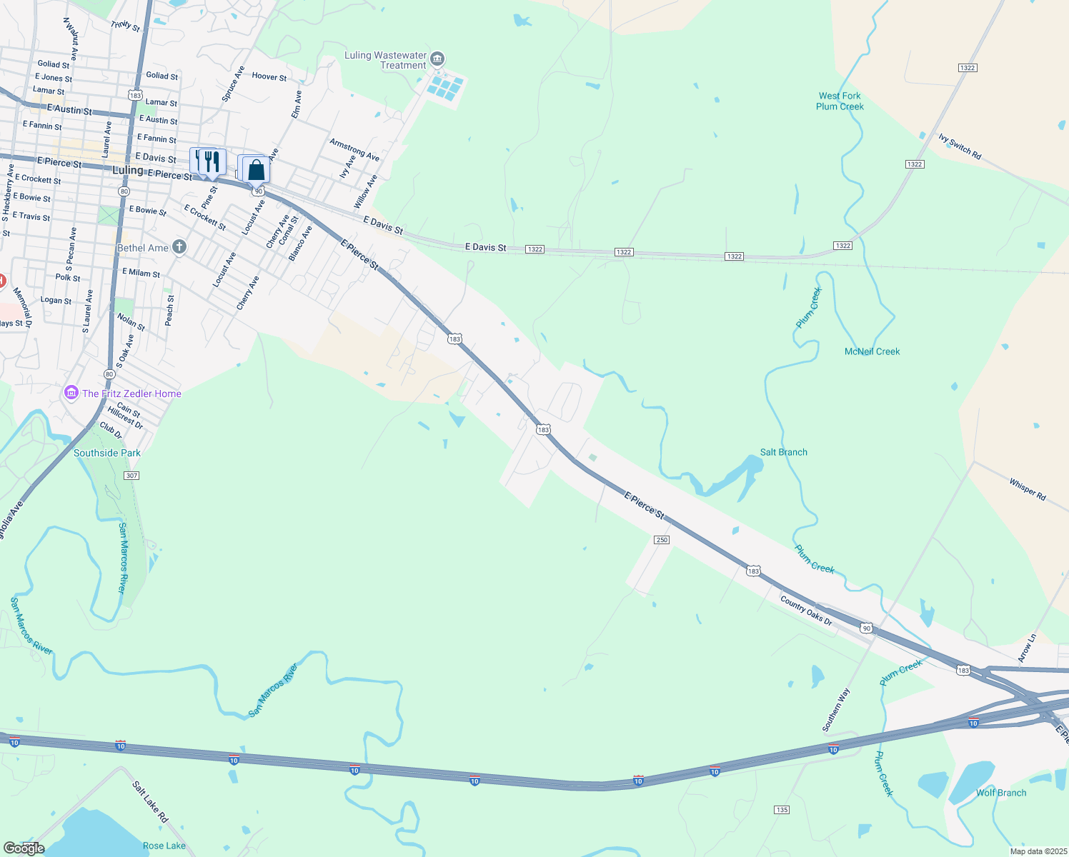 map of restaurants, bars, coffee shops, grocery stores, and more near 194 Falcon Dr in Luling