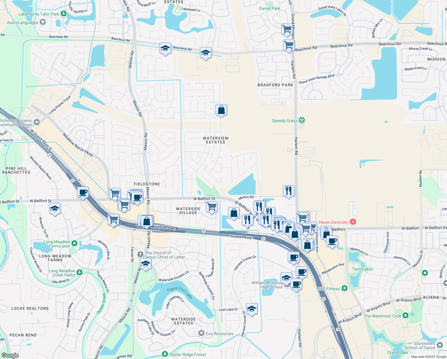 map of restaurants, bars, coffee shops, grocery stores, and more near 19611 Norfolk Ridge Way in Richmond