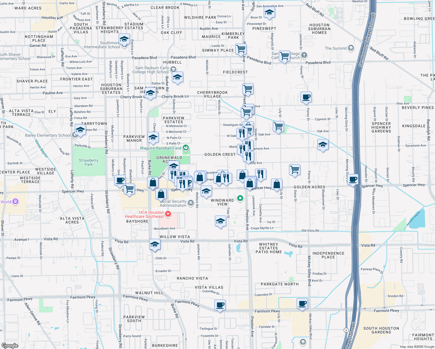 map of restaurants, bars, coffee shops, grocery stores, and more near 2508 Muscadine Lane in Pasadena