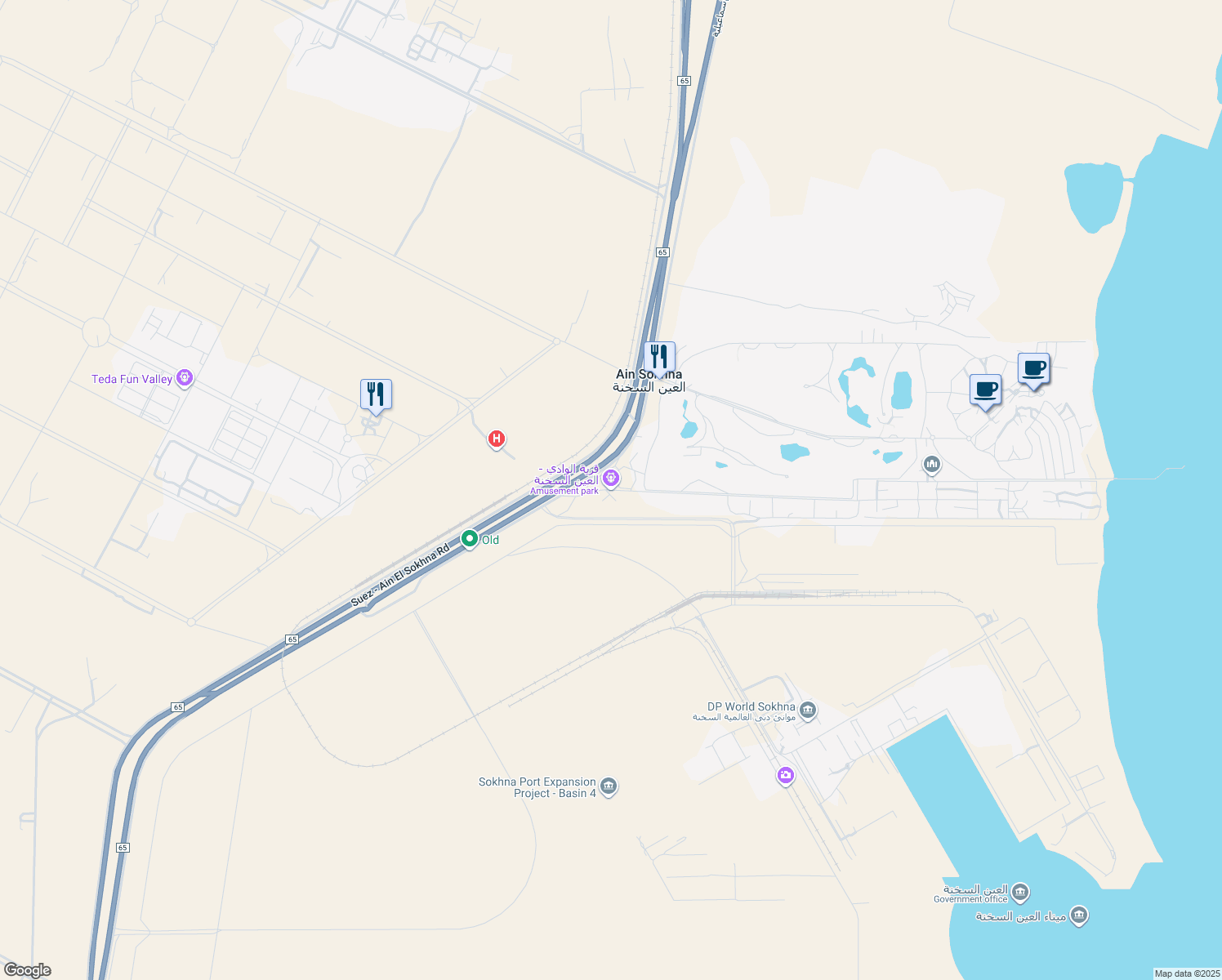 map of restaurants, bars, coffee shops, grocery stores, and more near Suez - Ain El Sokhna Road in Attaka