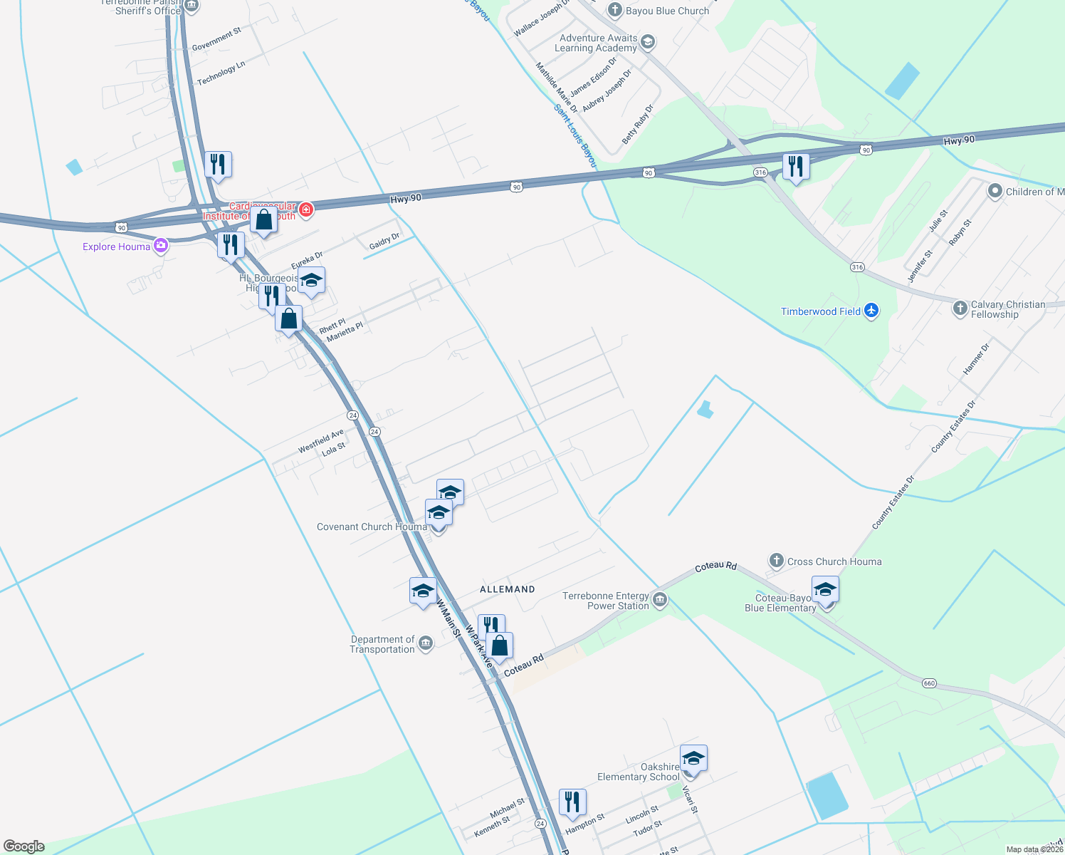 map of restaurants, bars, coffee shops, grocery stores, and more near 401 Sugar Land St in Houma
