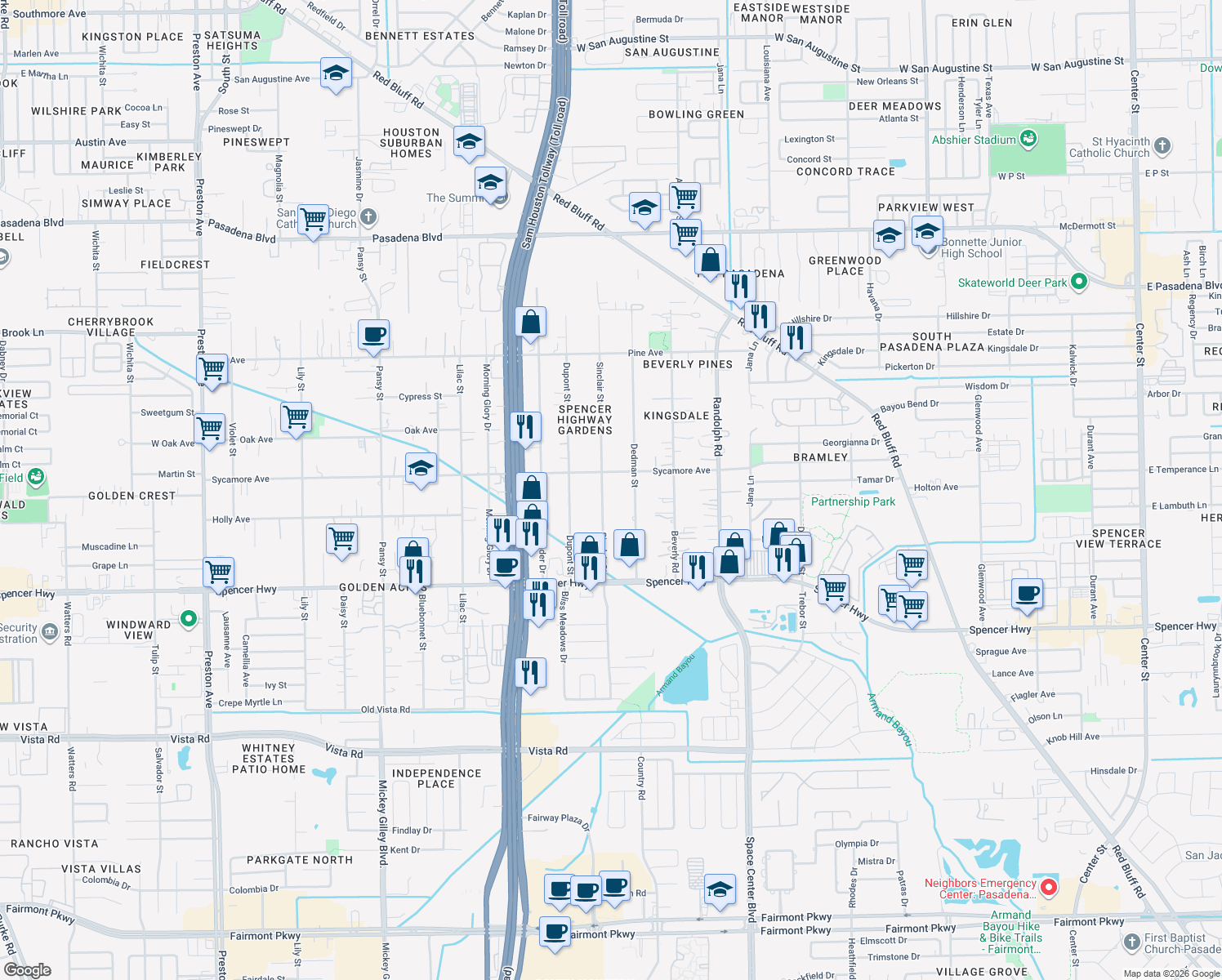 map of restaurants, bars, coffee shops, grocery stores, and more near 2811 Sinclair Street in Pasadena