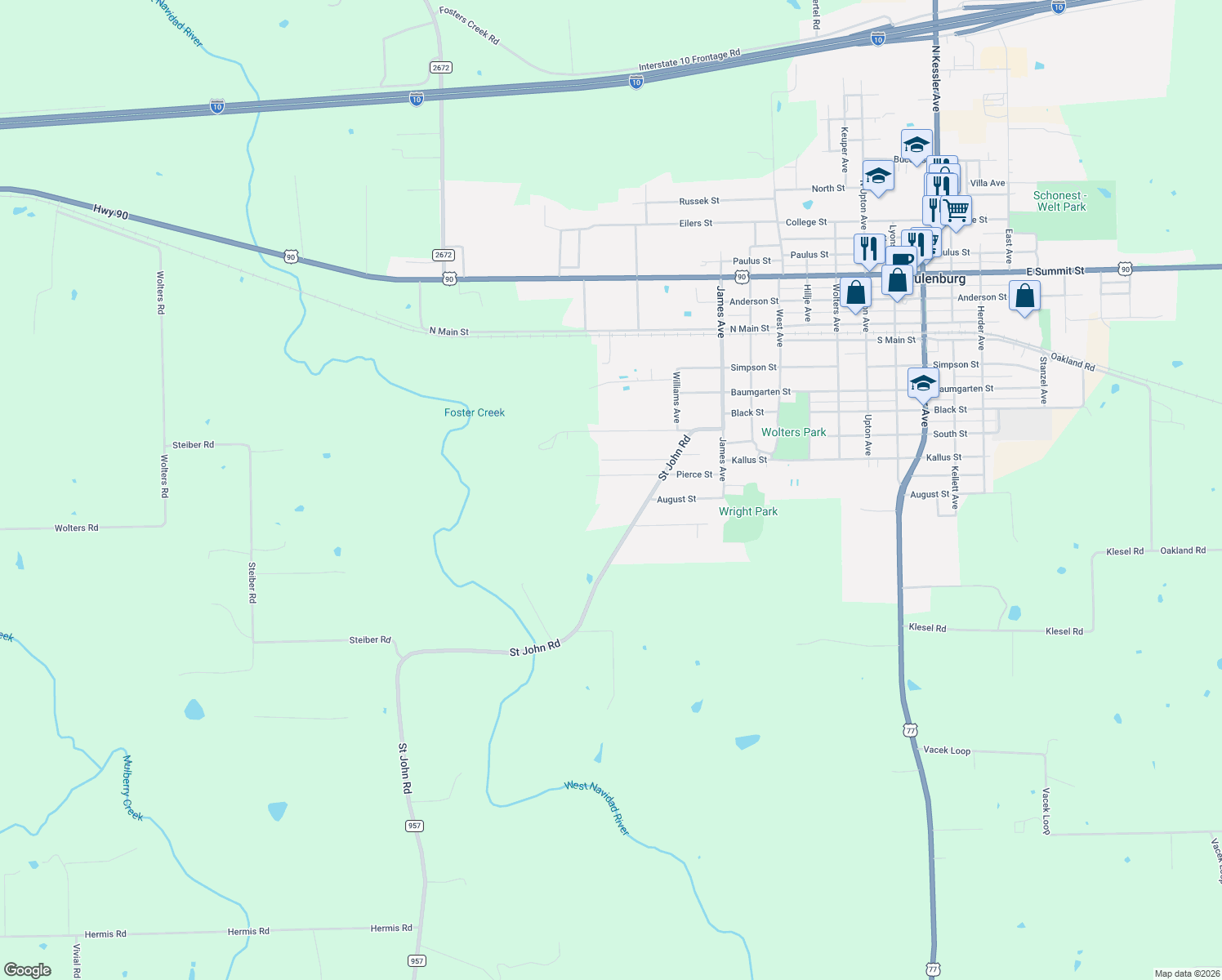 map of restaurants, bars, coffee shops, grocery stores, and more near 391 St John Rd in Schulenburg
