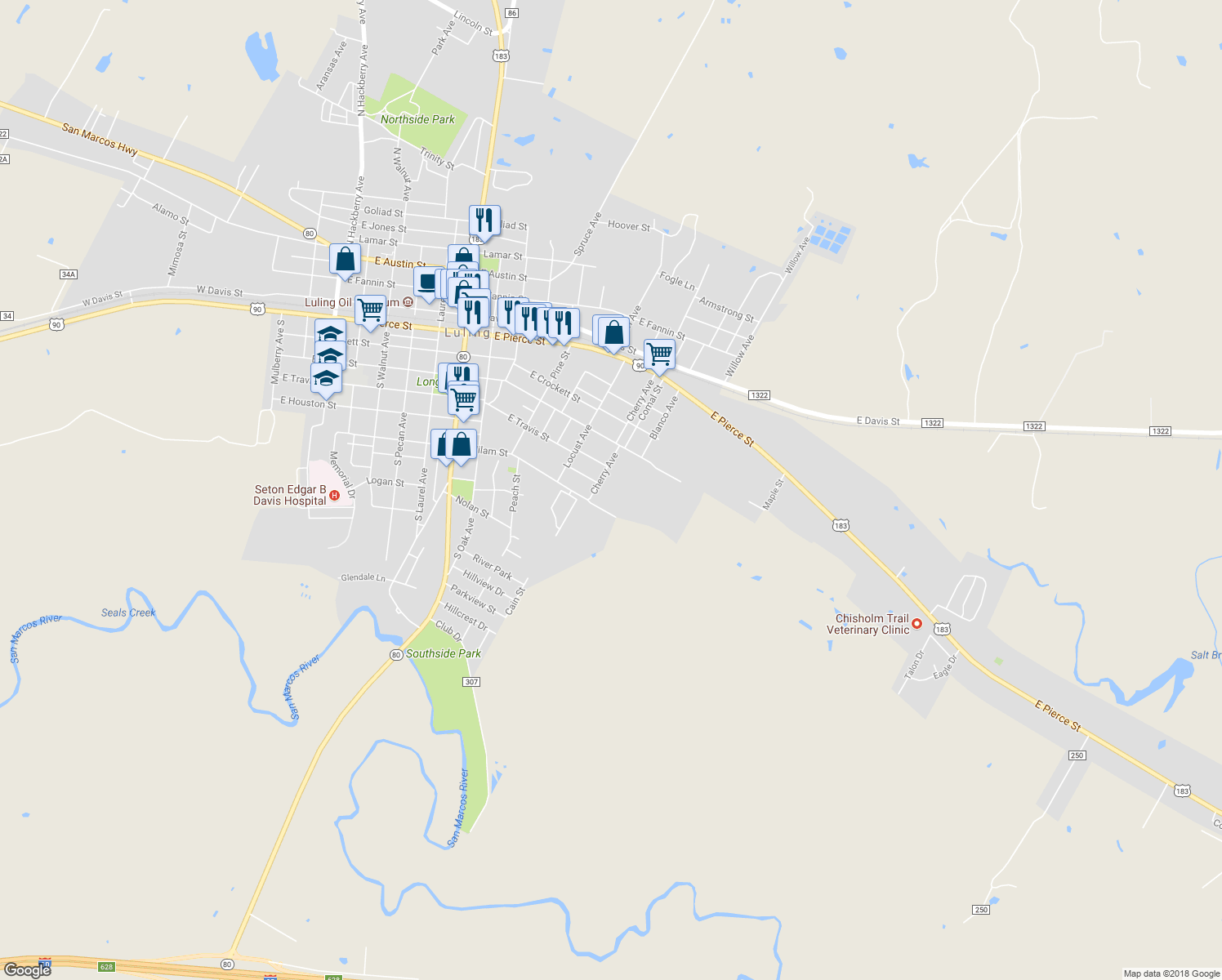 map of restaurants, bars, coffee shops, grocery stores, and more near 505 Cherry Avenue in Luling