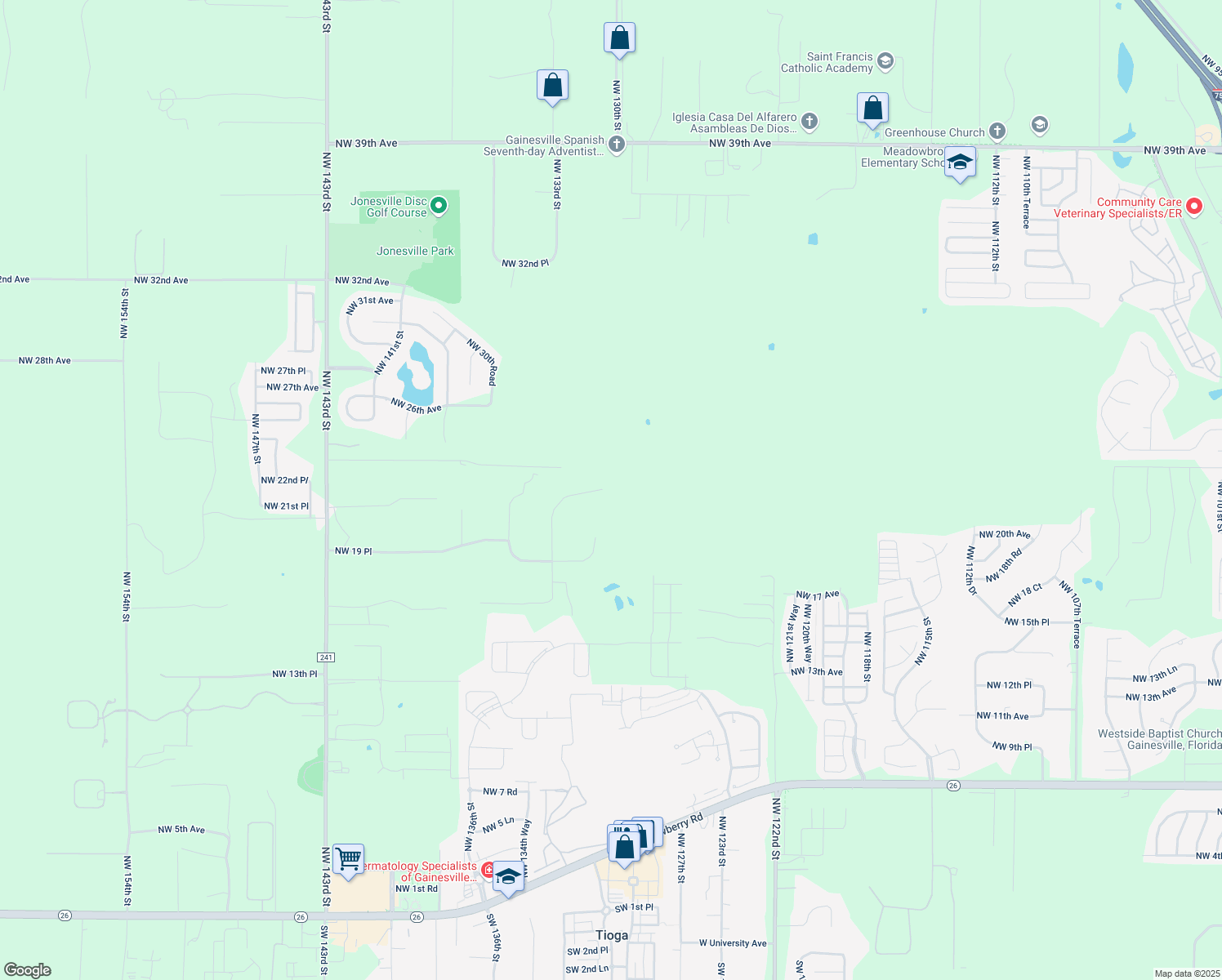 map of restaurants, bars, coffee shops, grocery stores, and more near 2233 Northwest 133rd Terrace in Gainesville