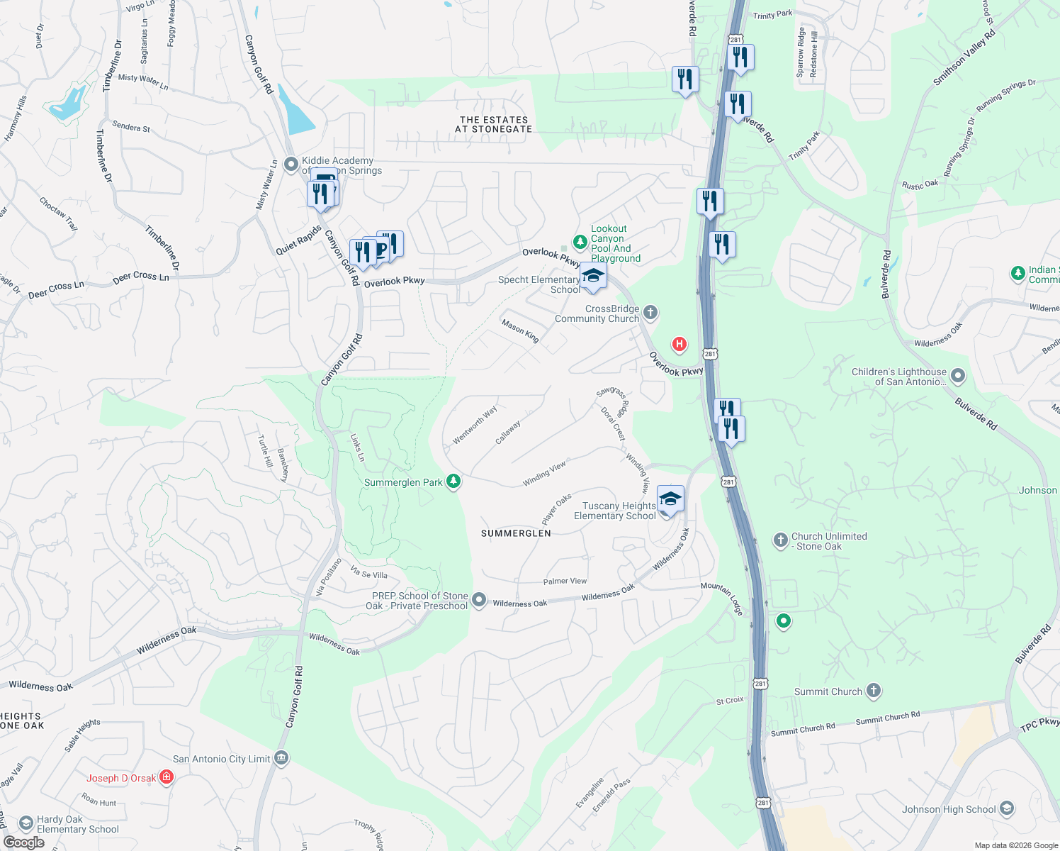 map of restaurants, bars, coffee shops, grocery stores, and more near 25218 Callaway in San Antonio