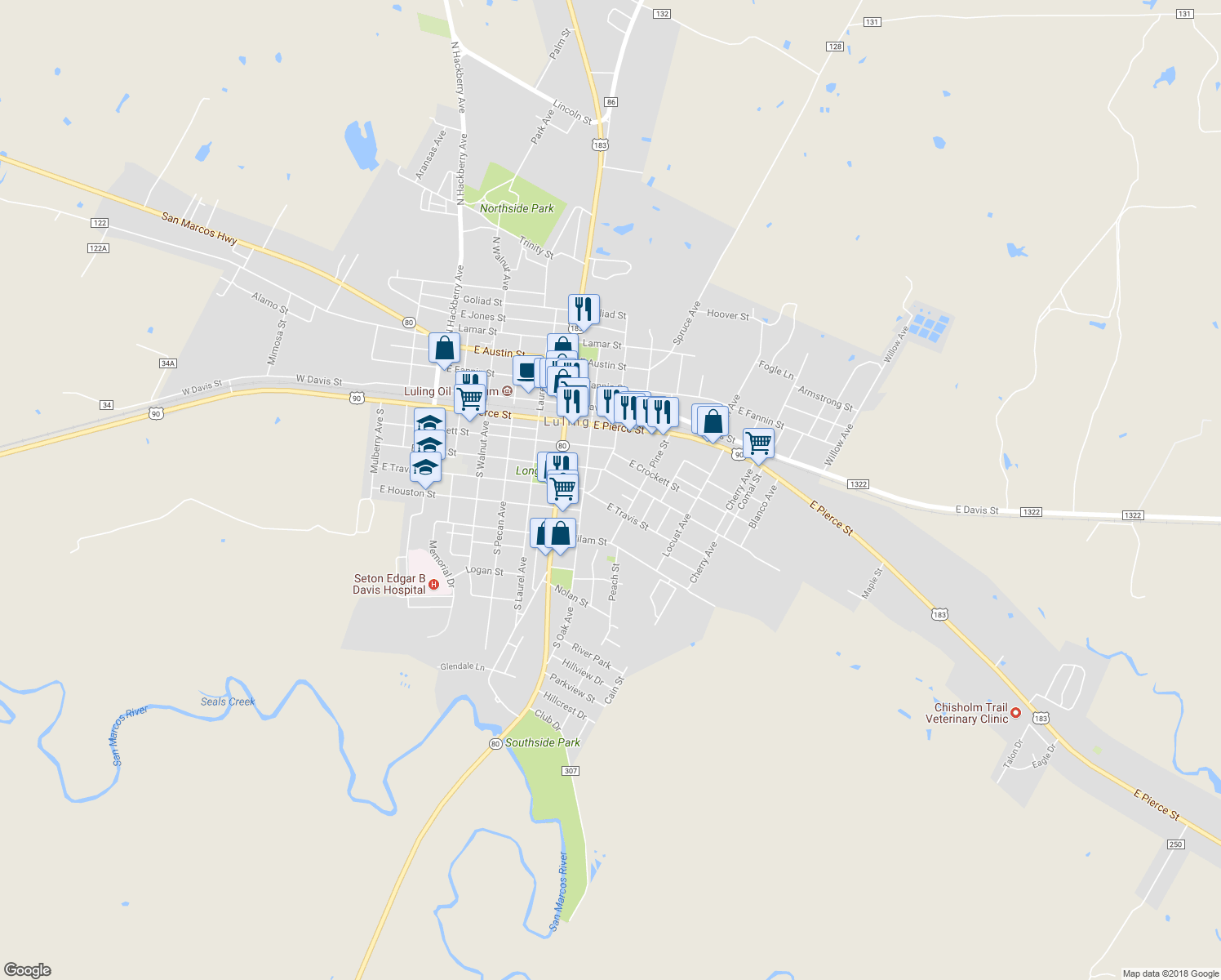 map of restaurants, bars, coffee shops, grocery stores, and more near 321 South Cedar Avenue in Luling